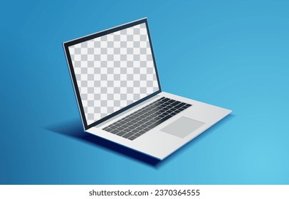 45 degree angle Realistic Silver Laptop and Black Keyboard Mockup on a Blue Background 