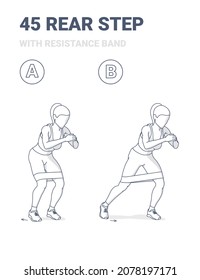 45 Degree Rear Step with Resistance Band Cardio Bunny Girl Home Workout Exercise Guidance Illustration. Female Steps Back with Fitness Mini Band. Sports Target Legs, Butt, Build Core Strength Routine.