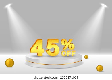 45% de desconto. Desconto. Símbolo de venda 3D com objetos decorativos, bolas de ouro, pódio. 45 por cento. Banner e cartaz de venda. Ilustração vetorial..