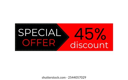 Banner de 45% desconto. Banner preto e vermelho. Marca de oferta. Promoções de compras, vendas comerciais. Design vetorial. Quarenta e cinco por cento de desconto.