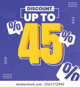 45% Discount Design with Bold Yellow Typography, Playful Percent Signs, and Modern Abstract Patterns. Perfect for grabbing attention and boosting engagement!