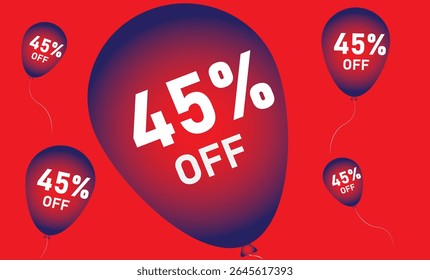 45% de réduction. Remise sur votre prix. Arrière-plan rouge composé de quatre ballons en rouge et bleu avec les chiffres en blanc..eps
