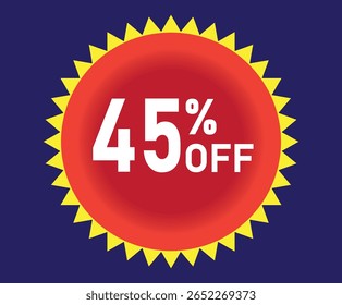 45% de desconto. Desconto em suas vendas. Porcentagem em branco dentro de um círculo vermelho com elementos gráficos amarelos ao redor. Fundo azul.