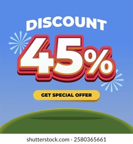 45% Discount Promotional Banner with 3D Text, Fireworks, Blue Gradient Background, and a Special Offer Button on a Green Hill with Eye catching Sale Advertisement Design