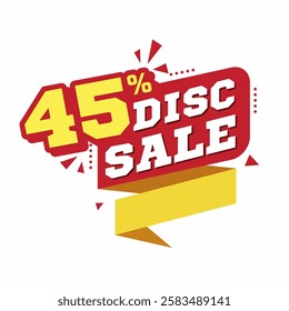 45% Discount Sale Banner with Bold 3D Text, Red and Yellow Color Scheme, and Modern Promotional Design for Special Offers and Discounts