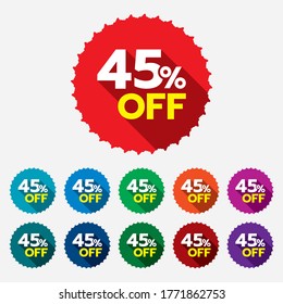 45% discount sticker. 45% off sale multi-color tag isolated vector illustration. Discount price label. Symbol for advertising campaign in retail. 55% discount sale promo.