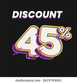 45% Desconto Tipografia Design com 3D Retro Comic Style no fundo escuro para promoções de lojas online