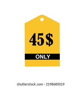45$ Dollar Nur Coupon-Zeichen oder Label oder Rabatt-Gutschein Money sparen Etikett, Stempel Vektorgrafik mit fantastischer Schriftart auf gelbem Hintergrund und weißem Hintergrund