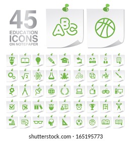 45 Education Icons on Notepaper.