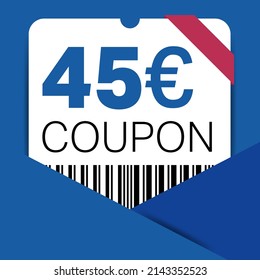 45 Euro Coupon promotion sale for a website, internet ads, social media gift 45 off discount voucher. Big sale and super sale coupon discount. Price Tag Mega Coupon discount with vector illustration.