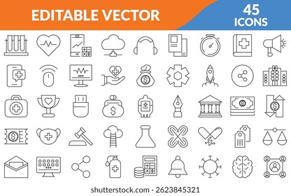 45 flat icons for web and mobile applications. Linear icon collection. Editable stroke. Vector illustration	