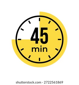 45 ou quarenta e cinco minutos Timer, relógio, cronômetro ícones isolados. Símbolo de timer de contagem regressiva. Hora de cozimento do rótulo. Temporizador de minutos, Medida de tempo, Cronômetro, Alarme, Temporizador de cozinha, rótulo, adesivo, selo. Vetor