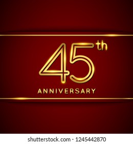 45  Forty Five Years Anniversary Logo with Shiny Golden Number on Red Background Isolated. 45th Celebration Event. Can Use for Poster, Invitation and Greeting Card. Easily Editable Vector.