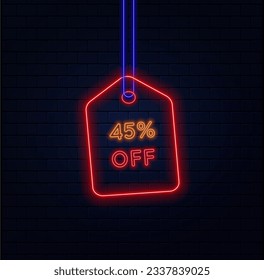 45%. forty-five percent off. vivid neon colors. label template design. neon style. special offer flash sales promotion. bricks background. blue, orange and red. vector illustration.