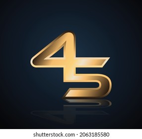 45 Gold 3D-Zahlenlogo auf dunklem Hintergrund mit realistischer Reflexion