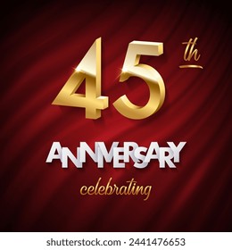 45 golden numbers, Anniversary white paper text and Celebrating word made of golden ribbons on red curtain background. Vector forty fifth anniversary celebration event square template.