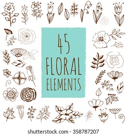 45 hand drawn floral elements. Use it to design your own banner, postcard, invitation, women day, birthday, mothers day, newborn card, poster, wedding or Saint Valentine day.