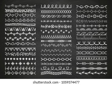 45 Hand drawn white decorative big brushes set on chalkboard background. Dividers or borders, ornaments collection. Vector illustration.