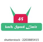 45 kmh Speed Limit sign label vector art illustration with stylish looking font and pink and green color with red background