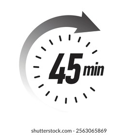 45 min. clock, stopwatch isolated icons. Countdown. Minute timer, Time measure, Alarm, Kitchen timer, label, sticker, stamp. Vector illustration. EPS