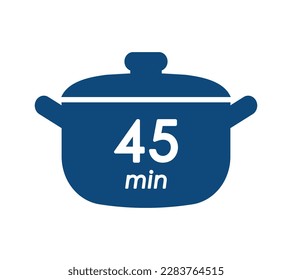 Etiqueta azul del tiempo de cocción de 45 min, símbolo de olla de cocina con marca de cuarenta y cinco minutos, ilustración vectorial del tiempo de ebullición
