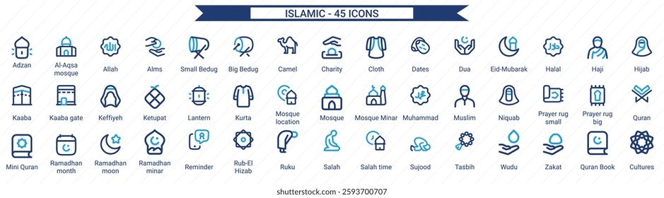 45 Minimalist Line Icons Depicting Islamic Concepts. A comprehensive set of line icons representing various Islamic concepts, symbols, and practices.