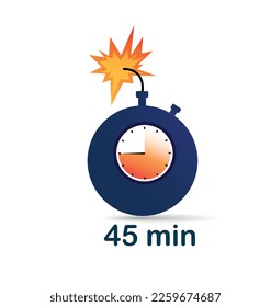 45 minute clock bomb. Graphic element for website. Danger and explosion, weapon. Marketing, advertising and special, limited offer concept. Cartoon flat vector illustration
