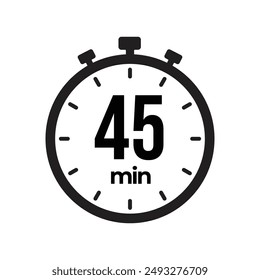 45 minute Timer, clock, stopwatch isolated icons. Countdown timer symbol. Label cooking time. Minute timer, Time measure, Chronometer, Alarm, Kitchen timer, label, sticker, stamp.  Vector illustration