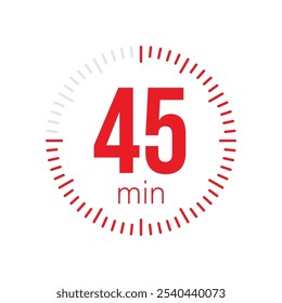 45 minutos Timer, relógio, cronômetro ícones isolados. Símbolo de timer de contagem regressiva. Hora de cozimento do rótulo. Temporizador de minutos, Medida de tempo, Cronômetro, Alarme, Temporizador de cozinha, rótulo, adesivo, selo. Ilustração vetorial