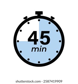 45 minute Timer, clock, stopwatch isolated icons. Countdown timer symbol. Label cooking time. Minute timer, Time measure, Chronometer, Alarm, Kitchen timer, label, sticker, stamp. Vector illustration