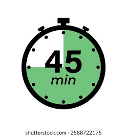 45 minute Timer, clock, stopwatch isolated icons. Countdown timer symbol. Label cooking time. Minute timer, Time measure, Chronometer, Alarm, Kitchen timer, label, sticker, stamp. Vector illustration