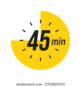 45 minutos Timer, relógio, cronômetro ícones isolados. Símbolo de timer de contagem regressiva. Hora de cozimento do rótulo. Temporizador de minutos, Medida de tempo, Cronômetro, Alarme, Temporizador de cozinha, rótulo, adesivo, selo.  Ilustração vetorial