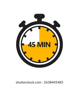 45 Minute Timer Icon in a Modern Flat Style. A Clock, Stopwatch, or Chronometer Displaying a For Forty Five Minute Mark. Ideal for Cooking Duration or Countdown Display
