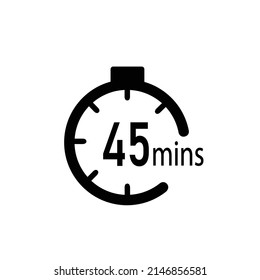45 minute vector icon, stopwatch symbol, countdown. Isolated illustration with timer.