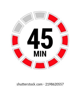 45 minute vector icon, stopwatch symbol, countdown. Isolated illustration with timer.
