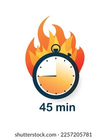 45 minutes clock on fire icon. Time management and deadline setting. Organization of effective workflow, self development and motivation. Cartoon flat vector illustration