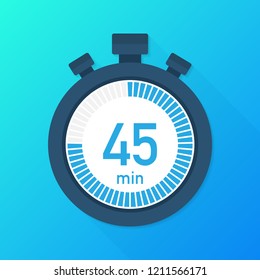 The 45 minutes, stopwatch vector icon. Stopwatch icon in flat style, 45 minutes timer on on color background.  Vector stock illustration.