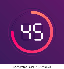 The 45 minutes, stopwatch vector icon, digital timer. Vector digital count down circle board with circle time pie diagram. Watch outline style design, designed for web and app.