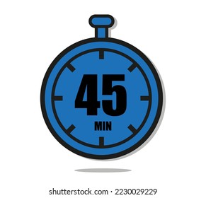 45 minutes timer clock icon flat design isolated on white background. Vector illustration in blue