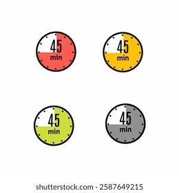 45 Minutes Timer Icon. Clock, Stopwatch, Chronometer Showing Forty Five Minutes Label. Cooking time, Countdown Indication. Isolated Vector eps.Modern Flat Design