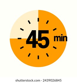45 Minutes Timer Icon, Modern Sans Serif Design. Clock, Stopwatch,  Showing Forty-Five Minutes Label Over Circle, Isolated Vector eps.

