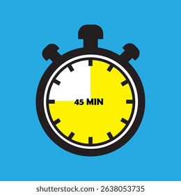 45 Minutes Timer Icon, Modern Flat Design. Clock, Stopwatch, Chronometer Showing Forty five Minutes Label. Cooking time, Countdown Indication.