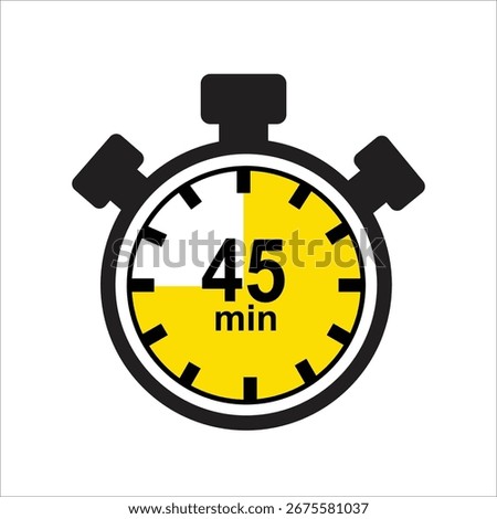 45 Minutes Timer Icon, Modern Flat Design. Clock, Stopwatch, Chronometer Showing ten Minutes Label. Cooking time, Countdown Indication.