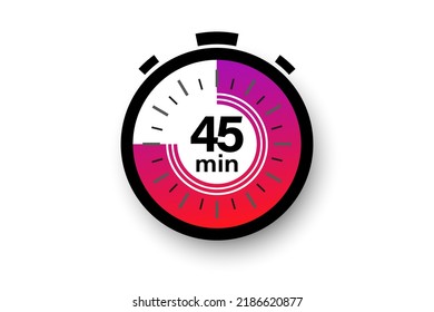 45 minutes timer. Stopwatch symbol in flat style. Editable isolated vector illustration.