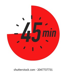 45 minutes timer symbol red color style isolated on white background. Clock, stopwatch, cooking time label, sport icon. Vector 10 eps