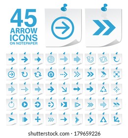 45 Modern, Simple, Minimal, Flat, Solid, Plain, Contemporary, Style Arrow Icons on Notepaper.