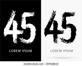 45 ,Number ,grunge brush freestyle font, designed using black and white handwriting line shape, logo, symbol, icon, graphic, vector.
