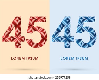 45 ,Number ,Luxury font, designed using red and blue line square geometric shape, hot and cool tone, logo, symbol, icon, graphic, vector.