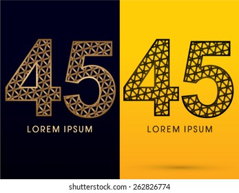 45 ,Number, Luxury font, designed using gold and black triangle geometric shape. on dark and yellow  background, sign ,logo, symbol, icon, graphic, vector.