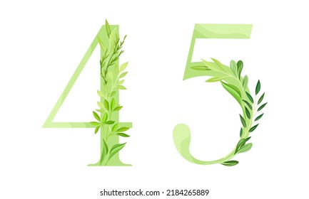 4,5 numbers made of green leaves. Green leaves font cartoon vector illustration